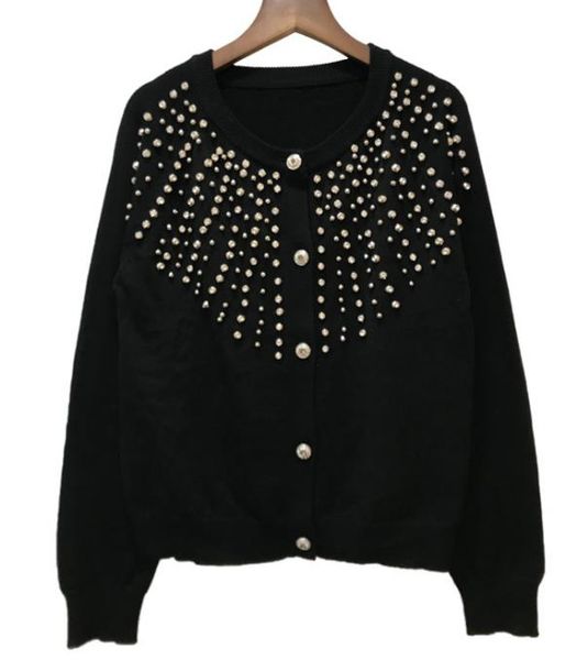 

2019 spring autumn new round neck beaded diamond single-breasted knit cardigan short section long-sleeved wild sweater women's, White;black