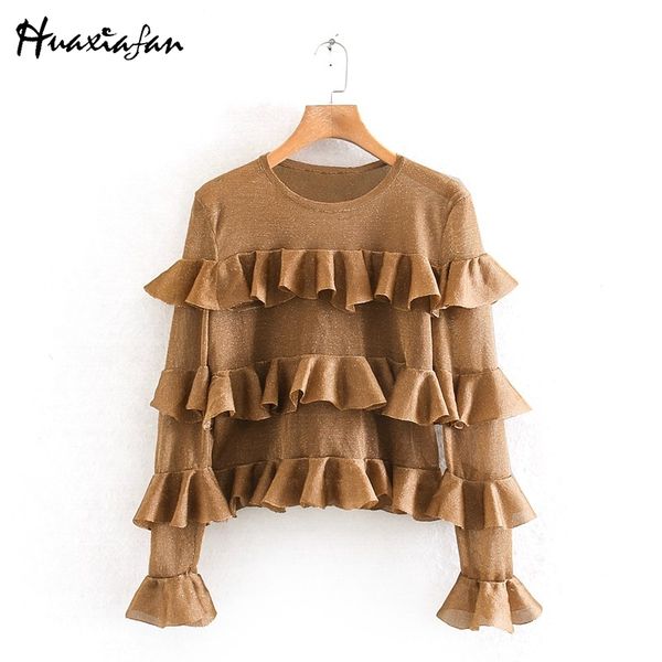 

huaxiafan blouse shirts women casual solid o neck blouse fashion cascading ruffles women elegant long sleeve female ladies, White
