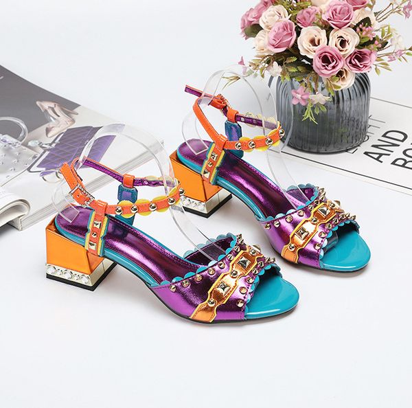 

chic women's rivets sandals 2019 summer chunky heels sandal shoes fashion high heeled shoes eu35-41 size by702, Black