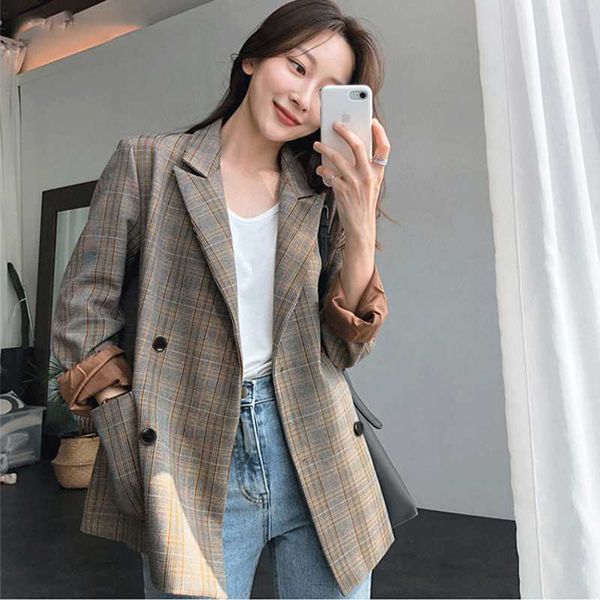 

vintage plaid double breasted women blazer oversized full sleeve grid female suit coat elegant autumn women jackets outwear 2020, White;black