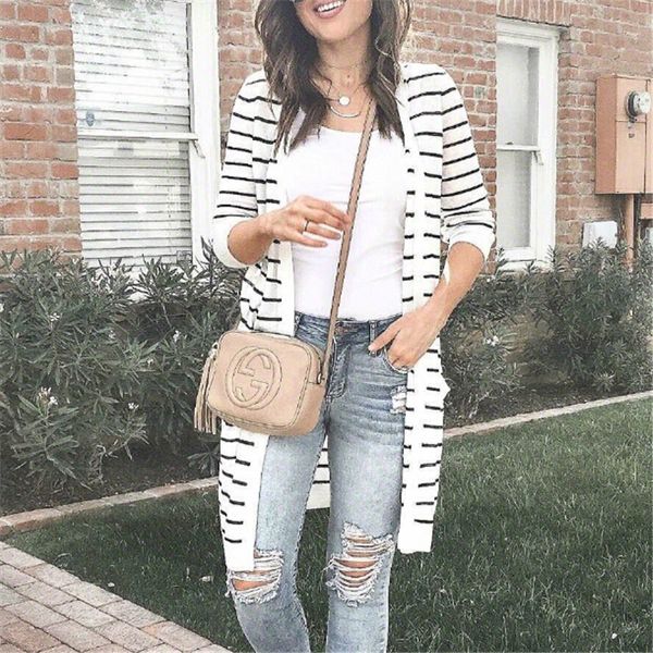 

fashion autumn outerwear women long sleeve striped printed kimono cardigan long type casual daily knitted long sweaters, White;black