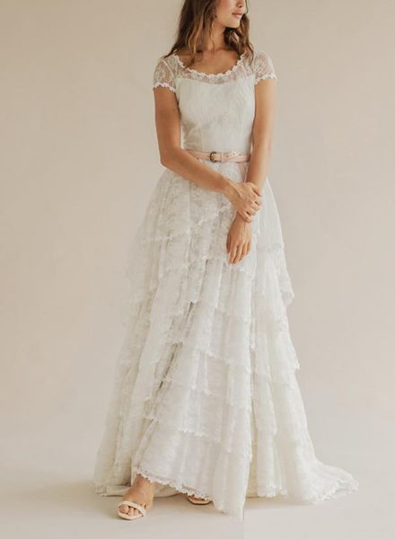 

setwell summer beach scoop a-line wedding dress short sleeves tiered lace tulle floor length bridal gown, White
