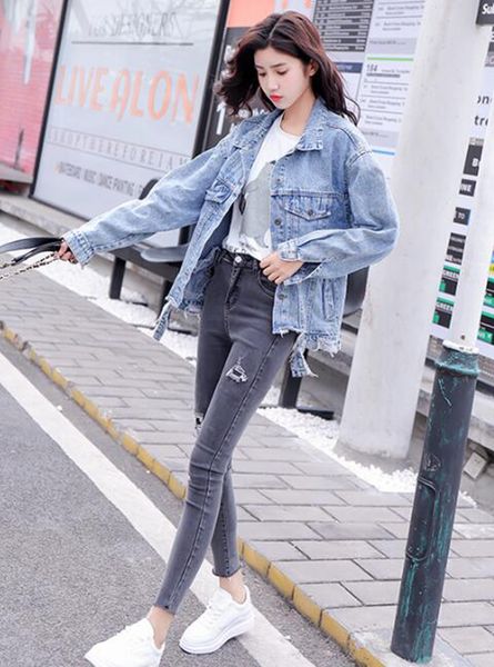 

женщины весна и осень новый корейский бутик специальная личность красивый тенденция открытый сломанный отворот свободные джинсовые куртки, Black;brown