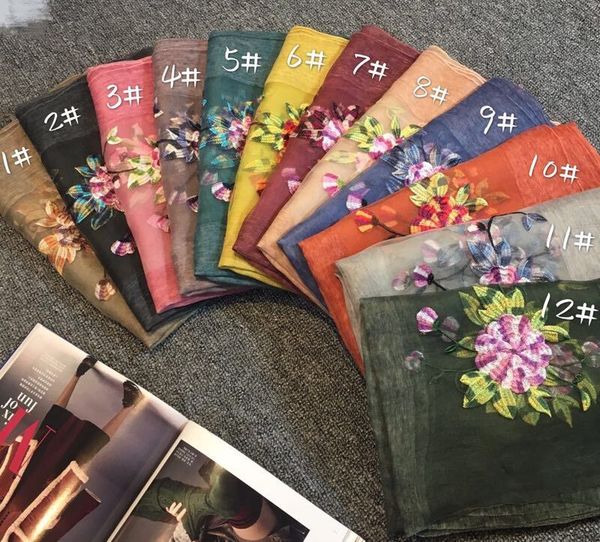

2017 women fashion cotton silk scarf shawl collar girl wind peony embroidery in china, Blue;gray