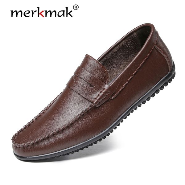 

merkmak men loafers shoes genuine leather boat classic moccasins footwear men's shoes men slip-on comfortable for man, Black