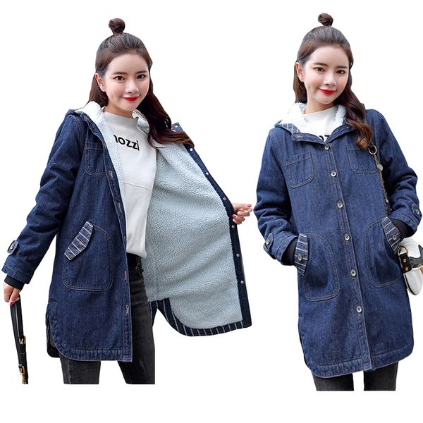 

plus size s-5xl women denim jacket winter fur lining hooded clothes coats denim worn out wild windbreaker female jeans jackets, Black;brown