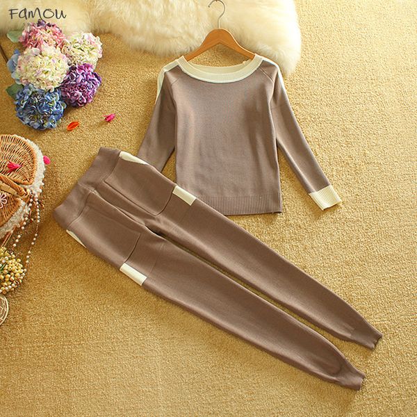 

Knit Suits Sweaters Long Pants 2Pcs Sets O Neck Long Sleeve Sweater Pullovers Trousers Women Drop Shipping