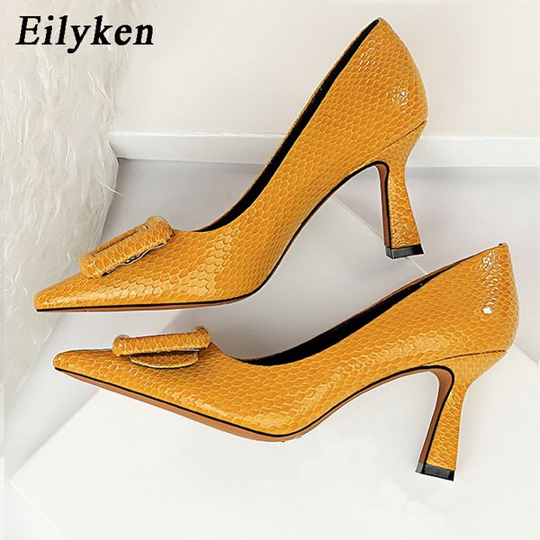 

eilyken summer new fashion buckle snake print woman pu leather high heels pumps pointed toe shallow wedding female shoes, Black