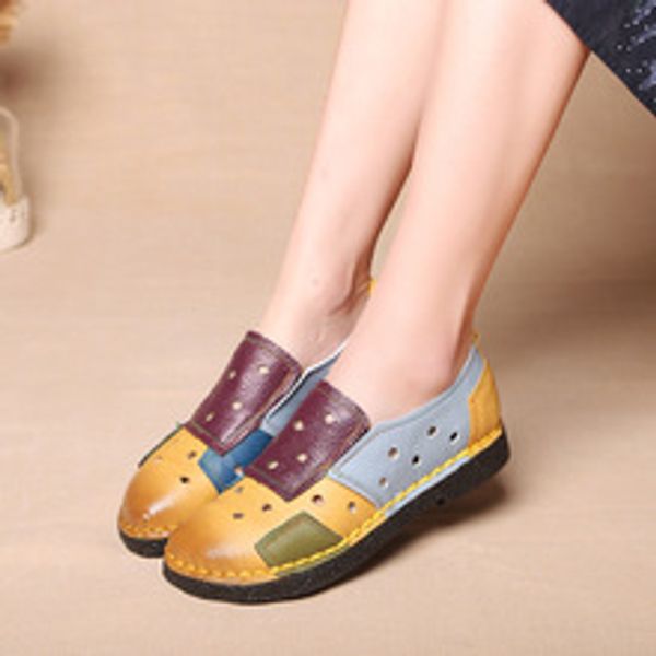 

hollow out patchwork genuine leather women shoes colorful slip on mommy flats spring and autumn round toe soft shoes, Black