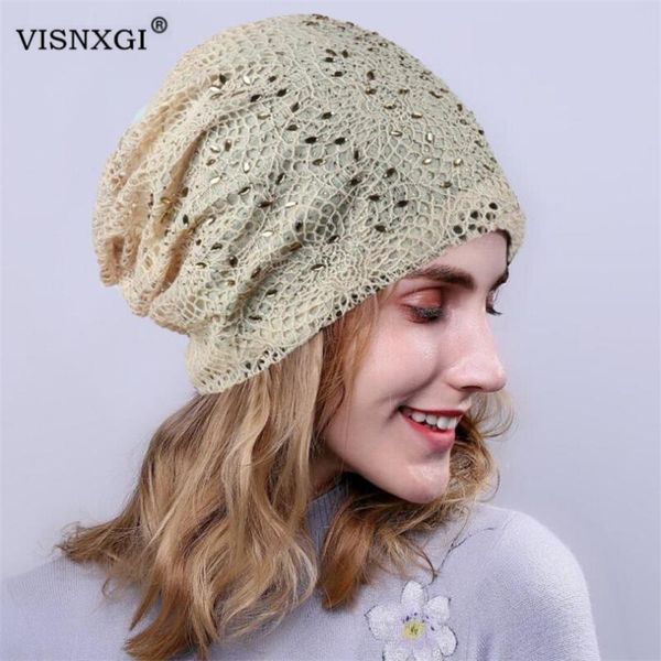 

visnxgi women knitting hollow out lace knit hat casual cotton autumn chemotherapy cap hair loss turban rhinestone studded hat