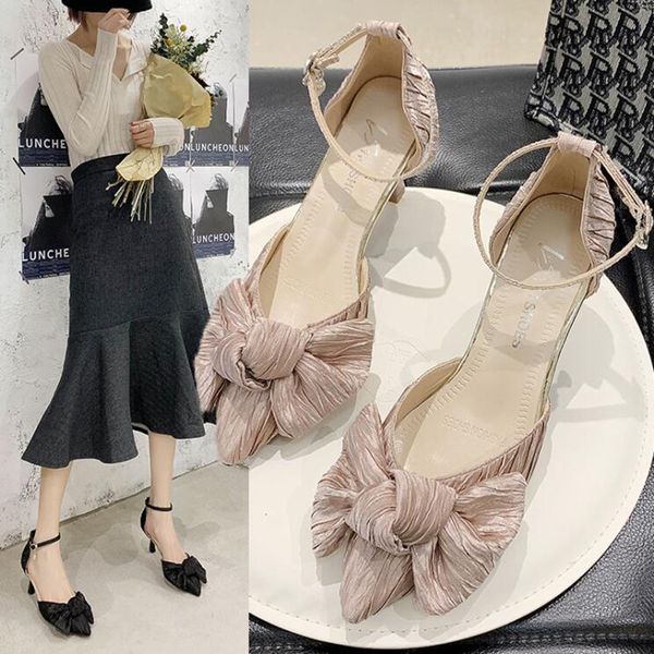 

high heel shoes women shoes woman fashion pointed toe thin heels 2020 new summer bow women's sandals thin heels d187, Black