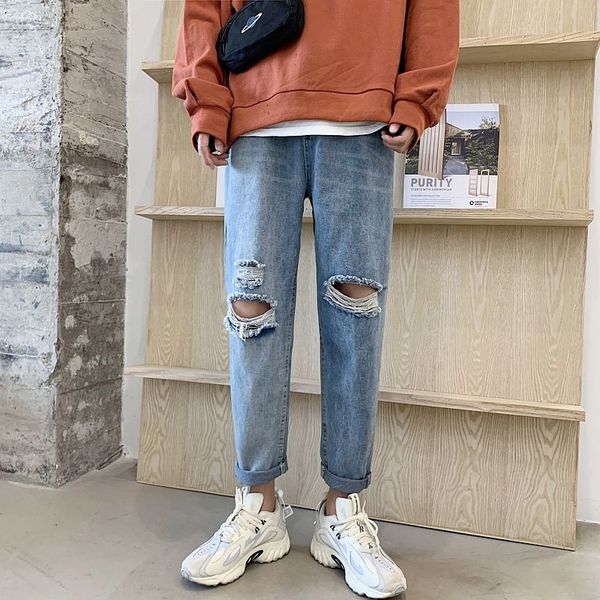 

men's jeans summer blue hole fashion retro casual straight men streetwear wild loose hip hop denim pants mens s-2xl