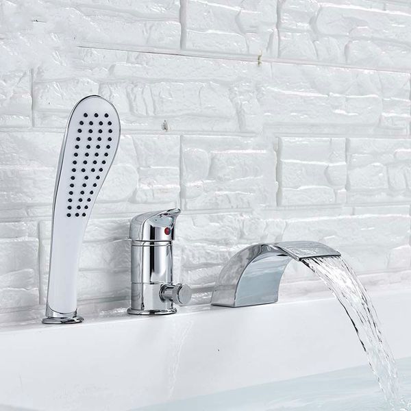 

bright chrome waterfall spout tub mixer faucet single handle deck mounted side bathtub faucet with pull out handshower