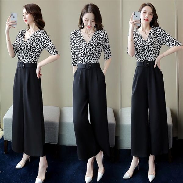 

2019 summer new women long leopard jumpsuits long rompers deep v-neck patchwork wide leg jumpsuits, Black;white