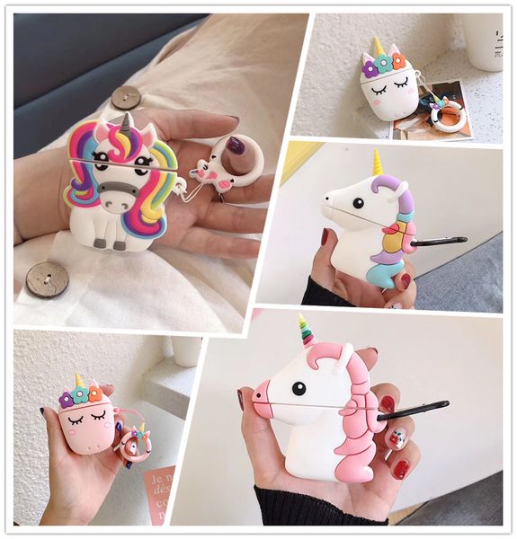 Einhorn Pegasus 3D Niedliche Cartoon-Hüllen Kopfhörer-Ladebox-Set für Apple Airpods 1 2 Wireless Earbuds Schutzhülle mit Haken