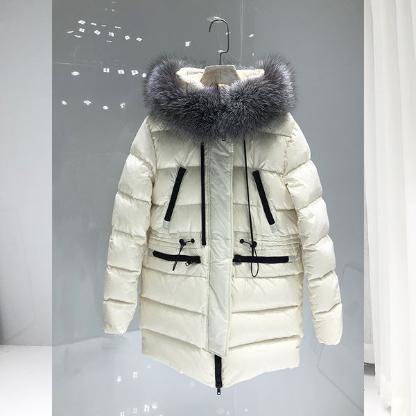 

new luxury white duck down jacket women winter hooded collar down coat with fur women long thick warm parkas outerwear, Black