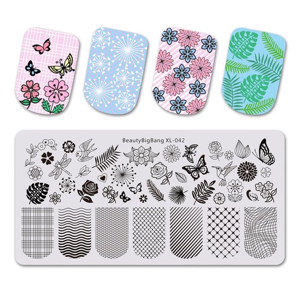 

beautybigbang 6*12cm nail stamping plates square flower butterfly grid image stamping for nails template nail art bbb xl-042, White