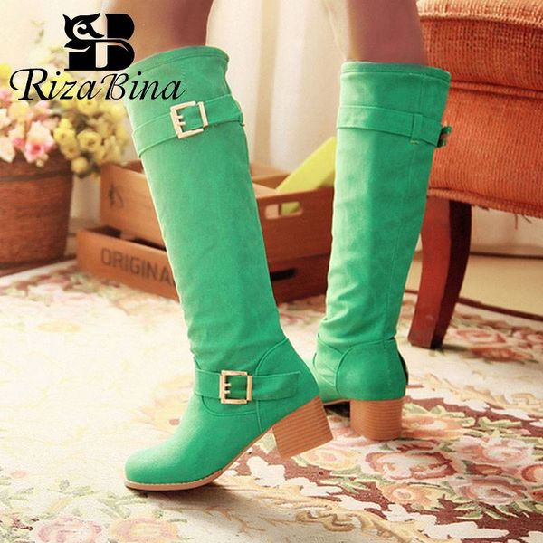 

rizabina size 31-43 women knee high boots buckles fashion winter shoes woman candy colors round toe snow warm fur boots, Black