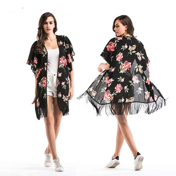

new arrived summer women clothing floral chiffon shirts fashion boho kimono cardigant loose beach cover up tunic tassels, White