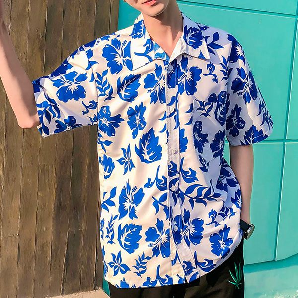 

summer mens shirt camisa hawaiian printing short sleeve shirt ethnic short sleeve casual cotton linen blouse streetwear, White;black