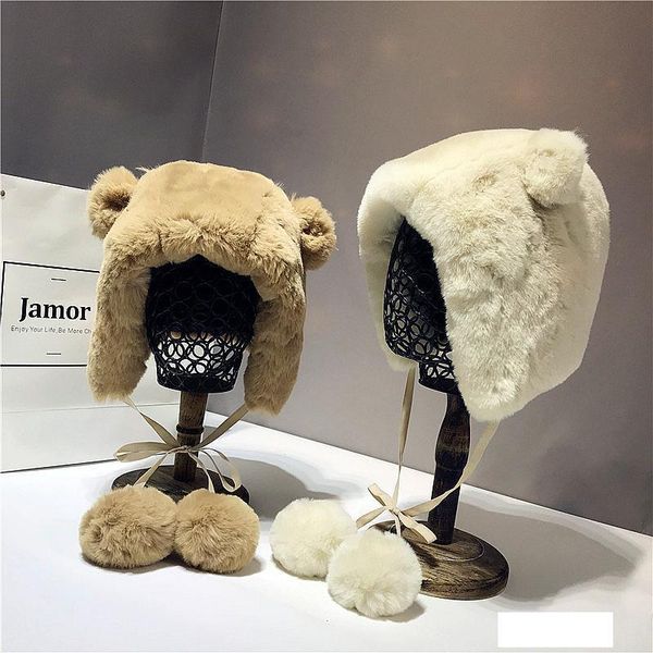 

women fluffy warmer winter hats cute cartoon bear ears plush hat casual animal caps skullies thick fur pom poms ball beanies, Blue;gray