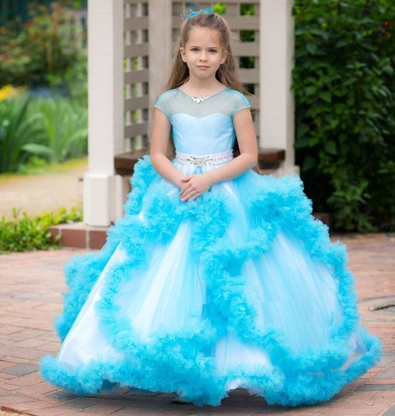 

beaded ball gown flower girl dresses for wedding toddler pageant gowns tulle v neck floor length kids prom dress, White;blue