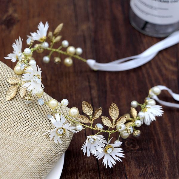 

korean style simple small daisy crystal twisted bead handwork hair band bridal wedding dress accessories, Golden;white