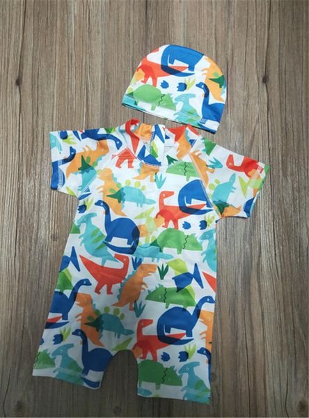 

1-6 years toddler boys swimsuit dinosaur print one piece swimwear for boys sun protective safe swimming costume hat swimming set, White