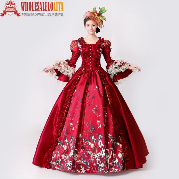 

holiday costume red lace printed marie antoinette dress southern belle victorian period ball gown reenactment women cosplay clothing, Black;red