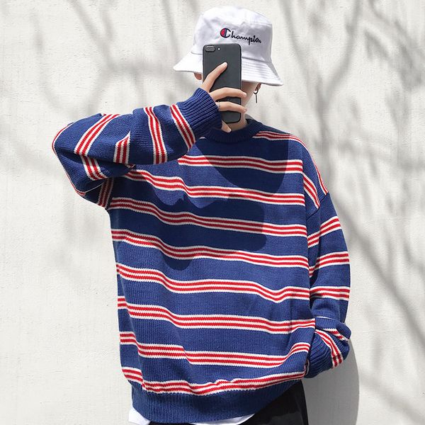 

2019 spring and autumn new simple casual striped sweater male couple round neck pullover tide blue pink / black -2xl, White;black