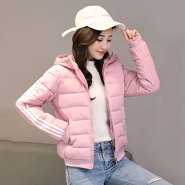 

students style autumn winter hooded long-sleeved coat cotton jacket solid striped sports short down for women girls nm, Black