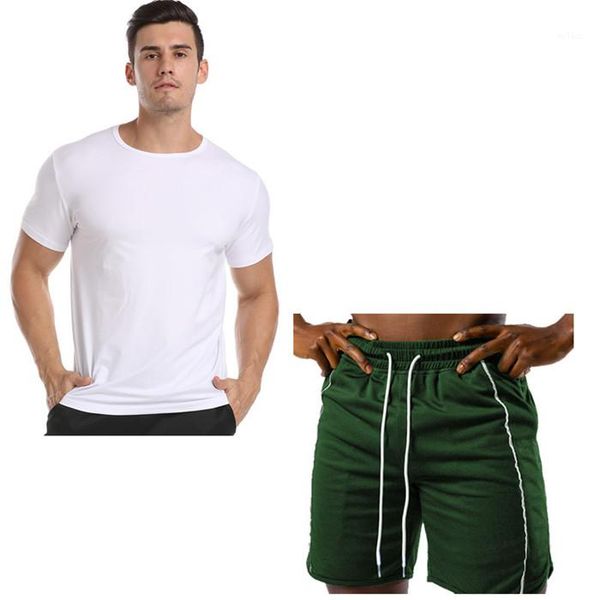 

knee length sets mens summer sports 2pcs tracksuits designer loose striped breathable drawstring suits males crew neck top, Gray