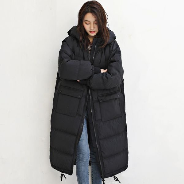 

2019 new fashion 90% white duck down coats thicken winter duck down jacket parkas with hooded warm coat oversize loose outwear, Black