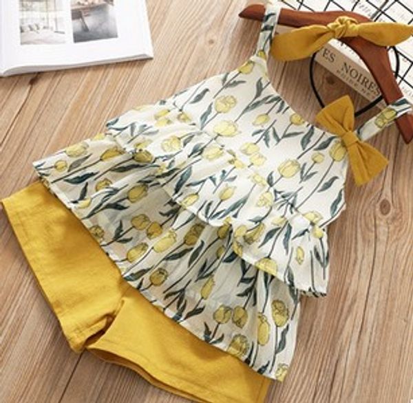 

lovely newborn baby girl kids clothing sets summer cotton 3pcs sleeveless bowknot tank ruffles shorts girl outfits, White