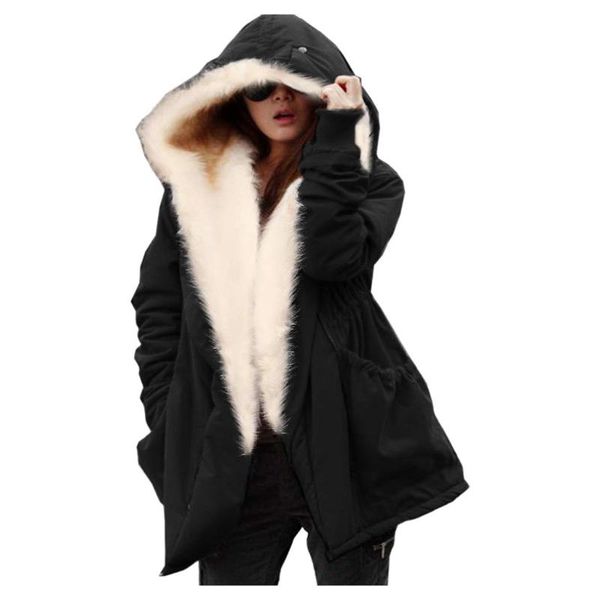 

зима женщины дамы сгущает тонкий с капюшоном большой меховой воротник вниз пальто куртки ветровки меховой moda feminina mid-long soild повсе, Black