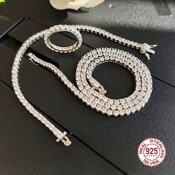 

solid 925 sterling silver tennis necklace bracelet ring sets pave 3mm zirconia crystal engagement wedding promise jewelry sets