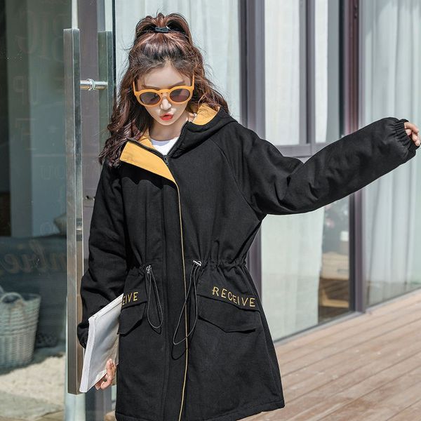 

2019 winter new style trench coat cotton coat women's college casual korean-style mid-length waist hugging cotton-padd, Blue;black