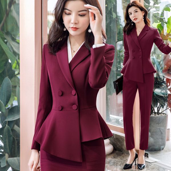 

wine red black female elegant women's pants suits trouser suit dress jacket costumes office clothing two piece set and pants, White;black