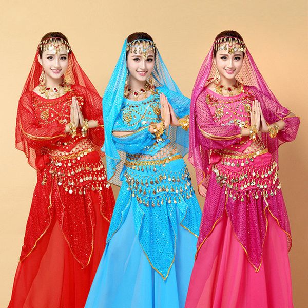 

new women 3 piece set belly dance suit sequins soft chiffon split long sleeves india dance suit 6 kinds of colors, Black;red