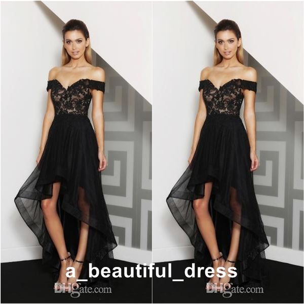 

black off-shoulder prom dresses high low lace applique party arabic dress kaftan dubai organza formal evening gowns ed1265, Black;red