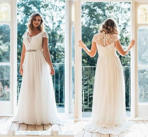 

selling wedding dresses 2020 plus size v neck with short sleeves applique ribbon with crystal beaded chiffon hollow back lace gowns, White