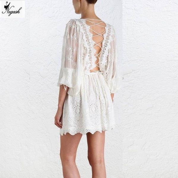 

spring long sleeve white embroidery lace mini dress backless cute mini lace short women a line dress, Black;gray