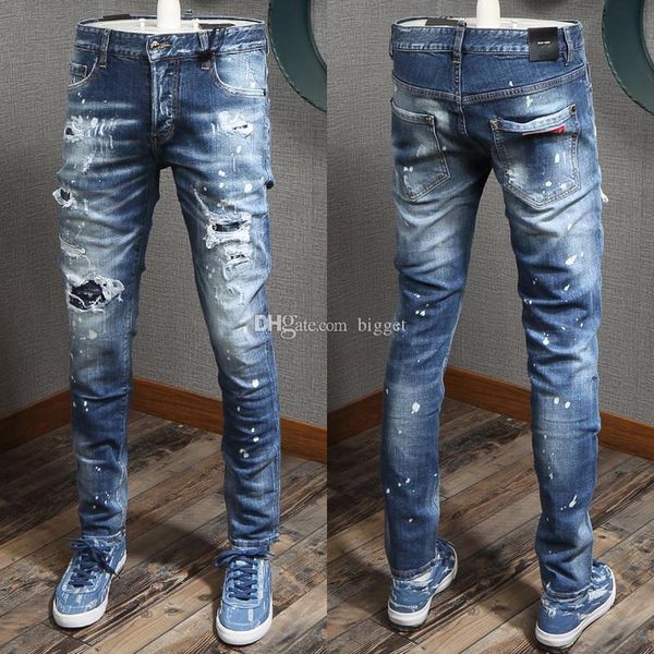 

синие джинсы мужские лоскутные патчи стежка деталь эластичные повреждения джинсовые брюки рваные эффект ковбойские брюки, Blue