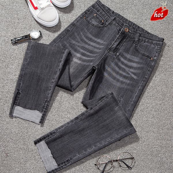 

2018 autumn skinny denim jeans women hole ripped high waist button casual jeans ankle length pencil pants plus size o8r2, Blue