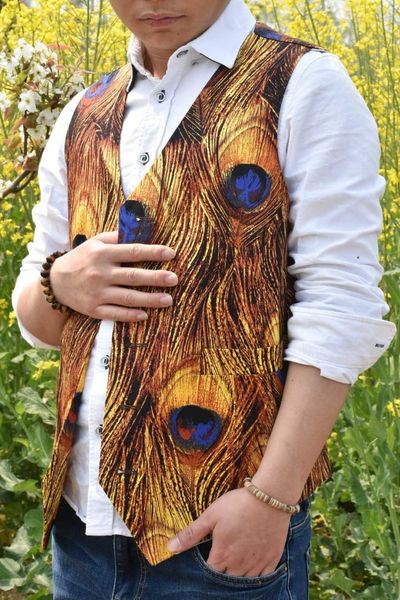 

2019 airtailors designed peacock feathers style camouflage vest for rustic wedding fashion dress vest color gold, Black;white