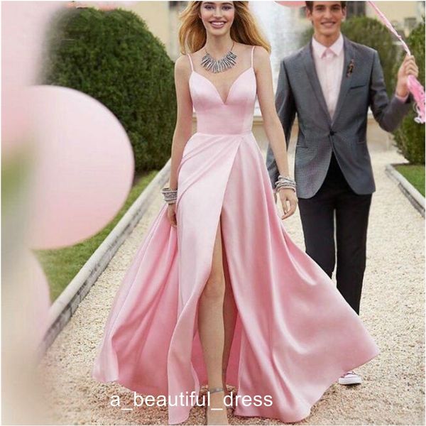 Festa de noivado Rosa elegante longo Prom Vestidos Mulheres Sexy alta Slit Satin V Neck vestido de noite Backless Vestidos ED1248