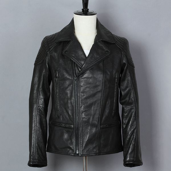 

fashion 2020 genuine leather jakcet men short slim fit black sheepskin turn-down collar motorcycle jacket lapel casual coat male