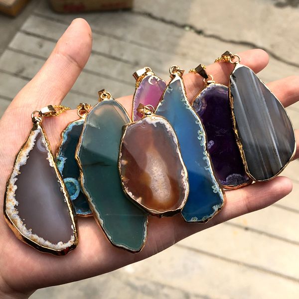 

multicolor reiki healing chakra agat irregular slice crystal stone agates quartz necklaces natural onxy agates pendant necklaces, Silver