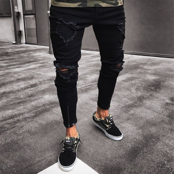 

jeans men new style black ripped elasticity zipper men's wear skinny pants occident fashion selling, Blue