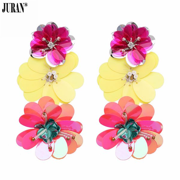 

juran candy color sequins flowers long earrings for women fashion bohemian statement big earrings wedding jewelry, Silver